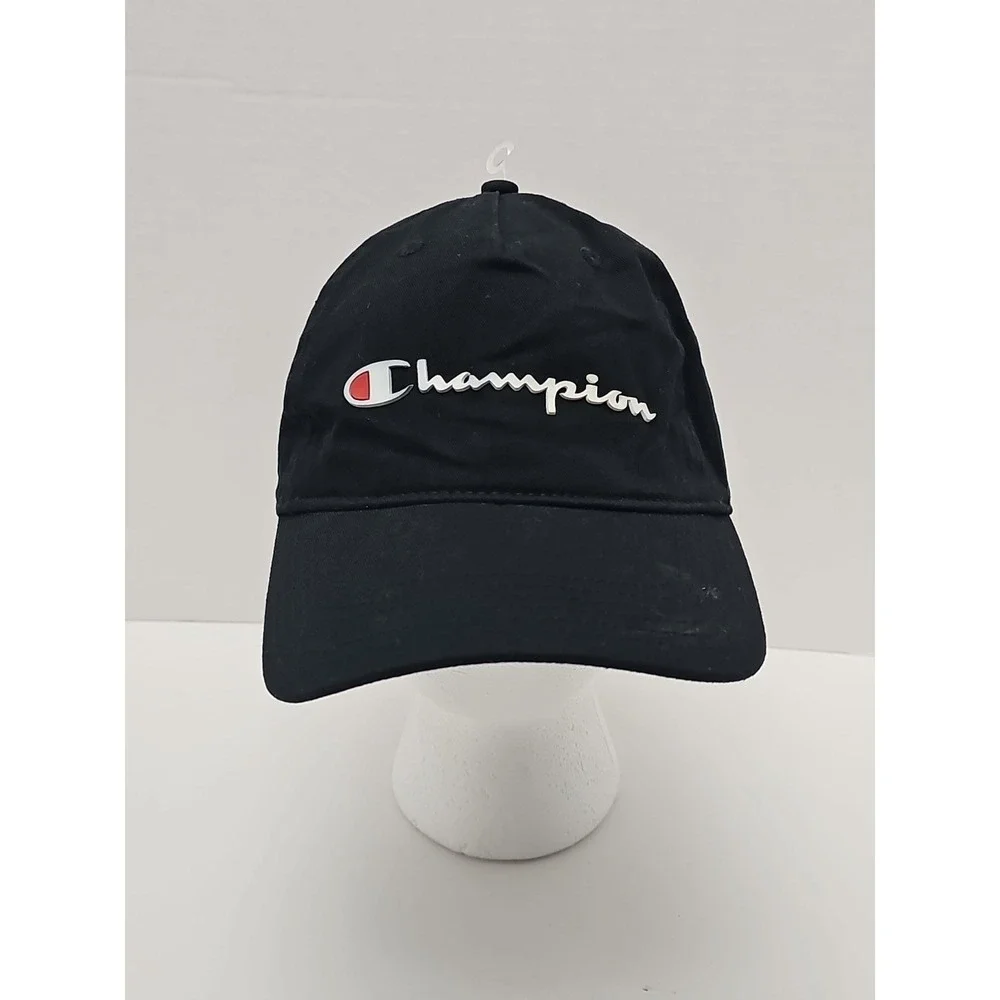 Champion Hat Cap Strap‎ Back Adjustable Spellout Script Logo Baseball Hat Black